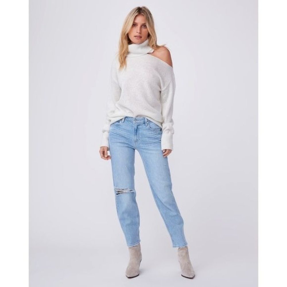 Paige Raundi Cold Shoulder CutOut Metallic Lurex Knit Relaxed Turtleneck Sweater - Picture 3 of 16